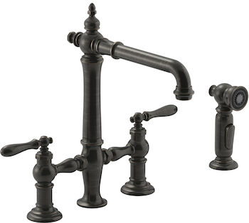 ARTIFACTS® DECK-MOUNT BRIDGE KITCHEN SINK FAUCET WITH LEVER HANDLES AND SIDESPRAY, Oil-Rubbed Bronze, large