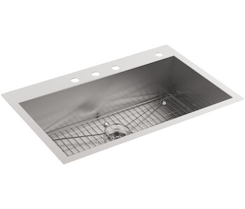 VAULT™ 33 X 22 X 9-5/16 INCHES TOP-/UNDER-MOUNT LARGE SINGLE-BOWL KITCHEN SINK WITH 4 FAUCET HOLES, Stainless Steel, large