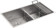 STRIVE® 32 X 18-5/16 X 9-5/16 INCHES SMART DIVIDE® UNDER-MOUNT LARGE/MEDIUM DOUBLE-BOWL KITCHEN SINK WITH SINK RACK, Stainless Steel, medium
