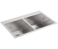 VAULT™ 33 X 22 X 9-5/16 INCHES TOP-/UNDER-MOUNT DOUBLE-EQUAL BOWL KITCHEN SINK WITH SINGLE FAUCET HOLE, Stainless Steel, medium