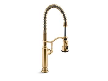 TOURNANT SEMI-PROFESSIONAL KITCHEN SINK FAUCET WITH THREE-FUNCTION SPRAYHEAD, Vibrant Brushed Moderne Brass, large