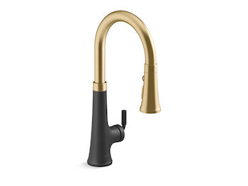 TONE™ TOUCHLESS PULL-DOWN KITCHEN SINK FAUCET WITH KOHLER® KONNECT, Matte Black w/Moderne Brass Trim, large