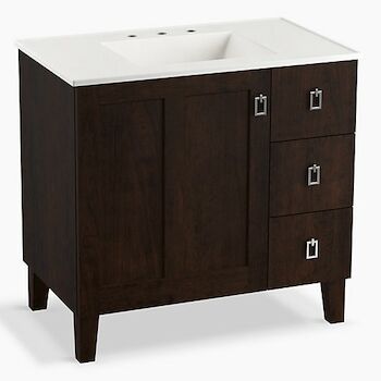 POPLIN® 36-INCH BATHROOM VANITY CABINET WITH LEGS, 1 DOOR AND 3 DRAWERS ON RIGHT, Claret Suede, large