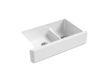 WHITEHAVEN® SELF-TRIMMING® SMART DIVIDE® 35-11/16 X 21-9/16 X 9-5/8 INCHES UNDER-MOUNT LARGE/MEDIUM DOUBLE-BOWL KITCHEN SINK WITH TALL APRON, White, large