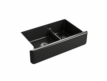 WHITEHAVEN® SELF-TRIMMING® SMART DIVIDE® 35-11/16 X 21-9/16 X 9-5/8 INCHES UNDER-MOUNT LARGE/MEDIUM DOUBLE-BOWL KITCHEN SINK WITH TALL APRON, Black Black, large