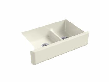 WHITEHAVEN® SELF-TRIMMING® SMART DIVIDE® 35-11/16 X 21-9/16 X 9-5/8 INCHES UNDER-MOUNT LARGE/MEDIUM DOUBLE-BOWL KITCHEN SINK WITH TALL APRON, Biscuit, large