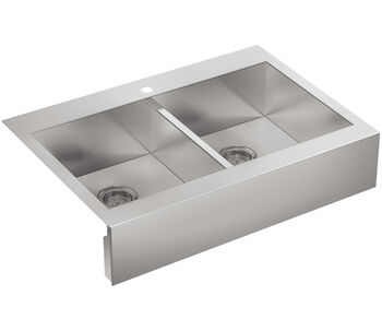 VAULT™ 35-3/4 X 24-5/16 X 9-5/16 INCHES SELF-TRIMMING® TOP-MOUNT DOUBLE-EQUAL STAINLESS STEEL APRON-FRONT KITCHEN SINK FOR 36 CABINET, Stainless Steel, large