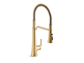 TONE SEMI-PROFESSIONAL PULL-DOWN KITCHEN SINK FAUCET WITH THREE-FUNCTION SPRAYHEAD, Vibrant Brushed Moderne Brass, large