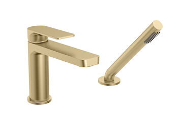PETITE B04 2-PIECE DECK MOUNT TUB FILLER WITH HAND SHOWER, Satin Brass, large