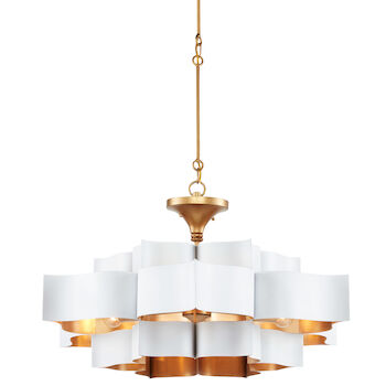 GRAND LOTUS 16-INCH SIX LIGHT WHITE CHANDELIER, Sugar White / Comtemporary Gold Leaf, large