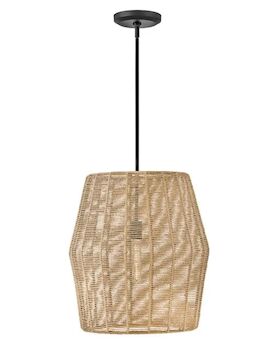 LUCA 20-INCH LARGE LUCA PENDANT, Black with Camel Rattan shade, large