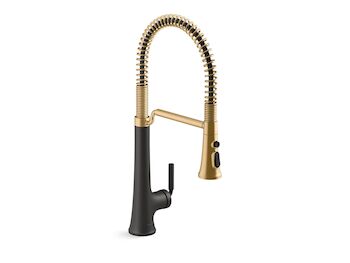 TONE SEMI-PROFESSIONAL PULL-DOWN KITCHEN SINK FAUCET WITH THREE-FUNCTION SPRAYHEAD, Matte Black with Moderne Brass, large