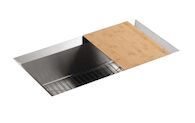 POISE® 33 X 18 X 9-3/4 INCHES UNDER-MOUNT SINGLE-BOWL KITCHEN SINK WITH CUTTING BOARD AND BOTTOM BOWL SINK RACK, Stainless Steel, medium