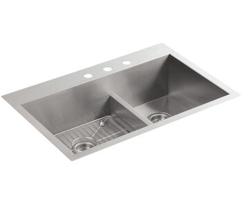 VAULT™ 33 X 22 X 9-5/16 INCHES SMART DIVIDE® TOP-/UNDER-MOUNT LARGE/MEDIUM DOUBLE-BOWL KITCHEN SINK, Stainless Steel, large