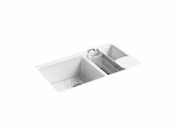 RIVERBY® 33 X 22 X 9-5/8 INCHES UNDER-MOUNT LARGE/MEDIUM DOUBLE-BOWL KITCHEN SINK WITH ACCESSORIES AND 5 OVERSIZED FAUCET HOLES, White, medium