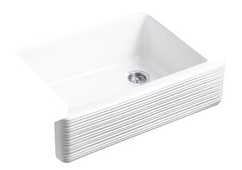 WHITEHAVEN® 29-11/16 X 21-9/16 X 9-5/8 INCHES UNDER-MOUNT SELF-TRIMMING® SINGLE-BOWL KITCHEN SINK WITH TALL APRON AND HAYRIDGE® DESIGN, White, large