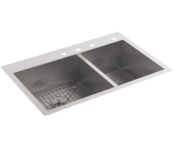 VAULT™ 33 X 22 X 9-5/16 INCHES TOP-/UNDER-MOUNT LARGE/MEDIUM DOUBLE-BOWL KITCHEN SINK WITH 4 FAUCET HOLES, Stainless Steel, large