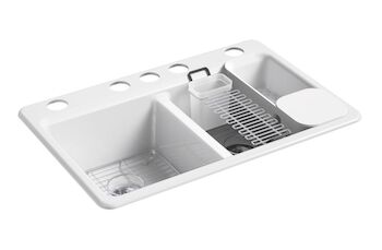 RIVERBY 33" UNDERMOUNT DOUBLE-BOWL WORKSTATION KITCHEN SINK, White, large
