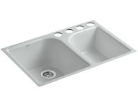EXECUTIVE CHEF™ 33 X 22 X 10-5/8 INCHES UNDER-MOUNT LARGE/MEDIUM, HIGH/LOW DOUBLE-BOWL KITCHEN SINK WITH 4 OVERSIZE FAUCET HOLES, Ice Grey, medium