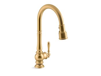 ARTIFACTS PULL-DOWN KITCHEN SINK FAUCET WITH THREE-FUNCTION SPRAYHEAD, Vibrant Brushed Moderne Brass, large