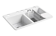 RIVERBY® 33 X 22 X 9-5/8 INCHES UNDER-MOUNT DOUBLE-EQUAL KITCHEN SINK WITH ACCESSORIES AND 5 OVERSIZED FAUCET HOLES, White, medium