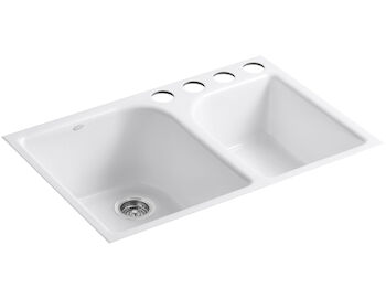 EXECUTIVE CHEF™ 33 X 22 X 10-5/8 INCHES UNDER-MOUNT LARGE/MEDIUM, HIGH/LOW DOUBLE-BOWL KITCHEN SINK WITH 4 OVERSIZE FAUCET HOLES, White, large
